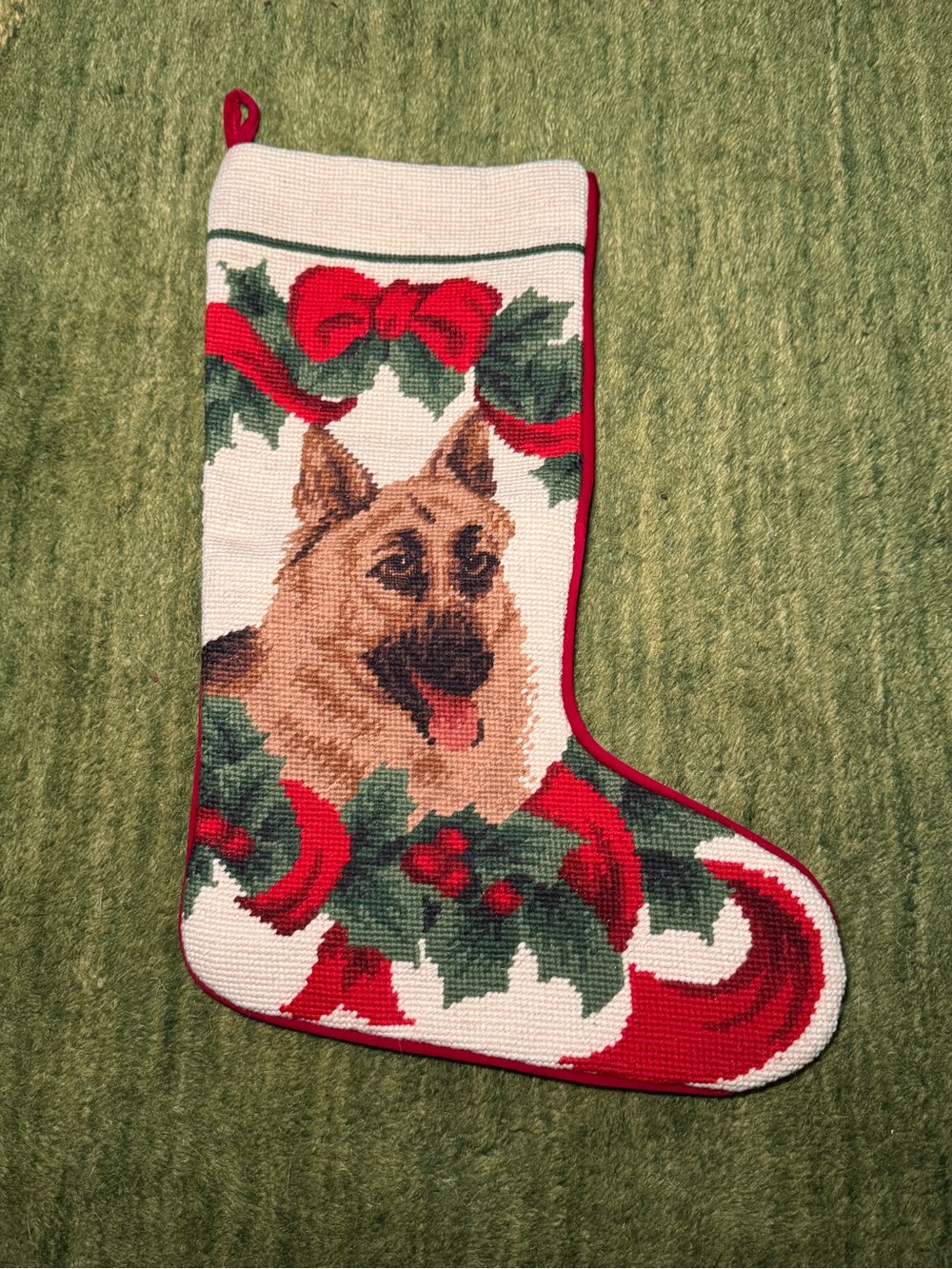 VTG Peking Handicraft Wool Needlepoint Christmas Stocking German Shepherd Dog